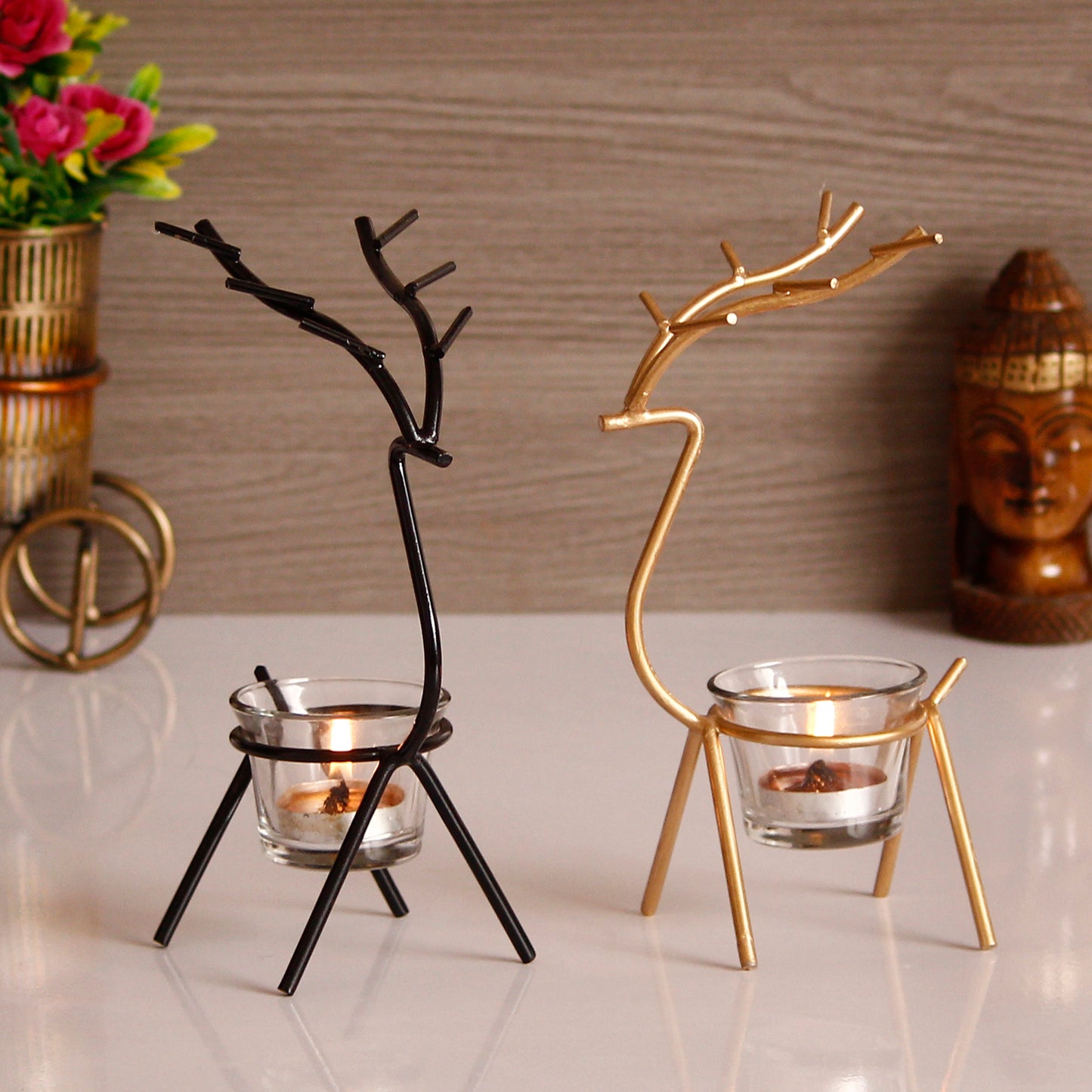 Handcrafted Metal Tea Light Holder Set of 2 Deer Shape