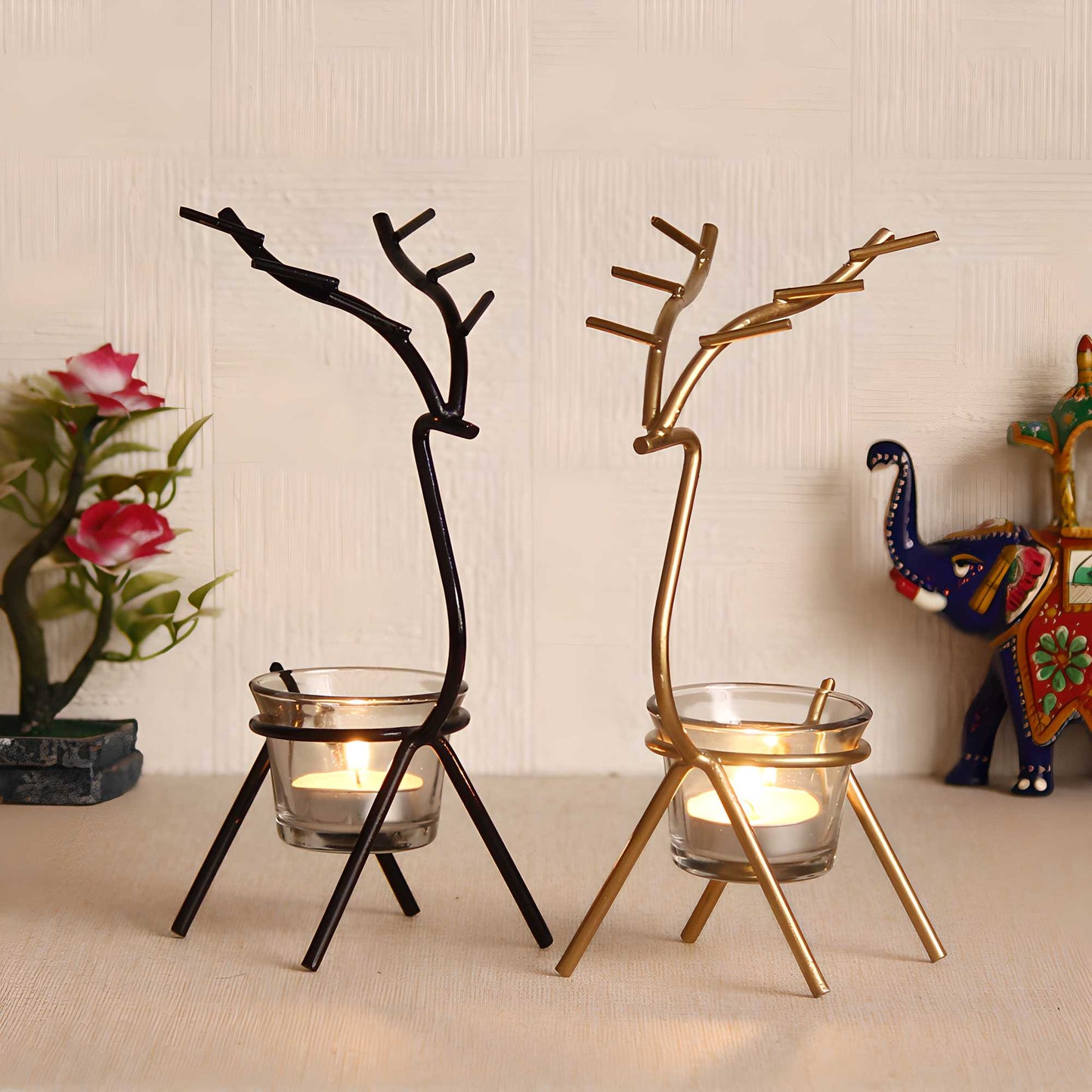 Handcrafted Metal Tea Light Holder Set of 2 Deer Shape